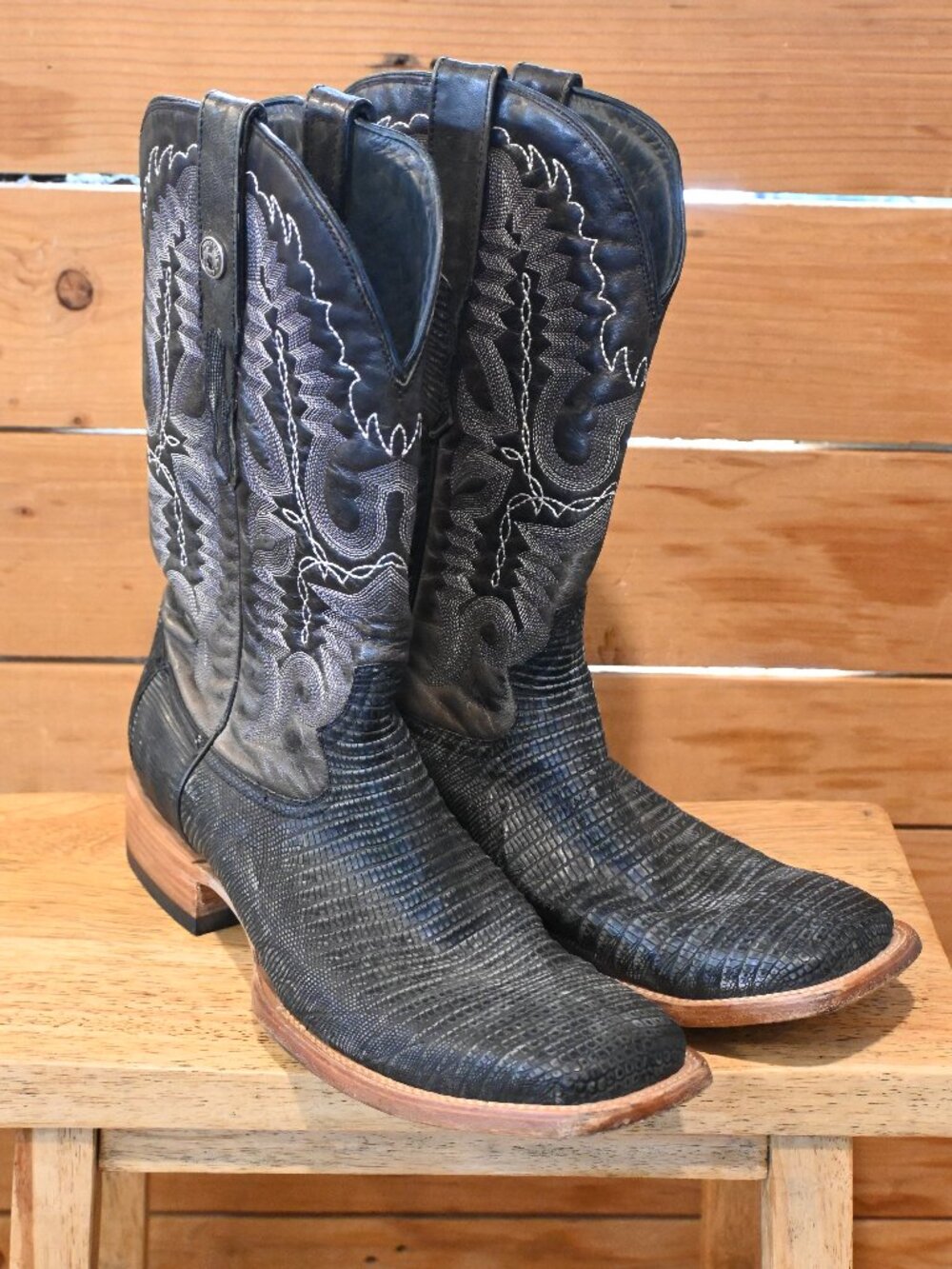 Tanner Mark Handmade Exotic Teju Lizard Skin Square Toe Boots in Black - US M12